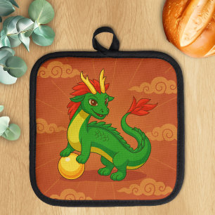 Porta Ollas Dragón Chino Verde sobre Rojo