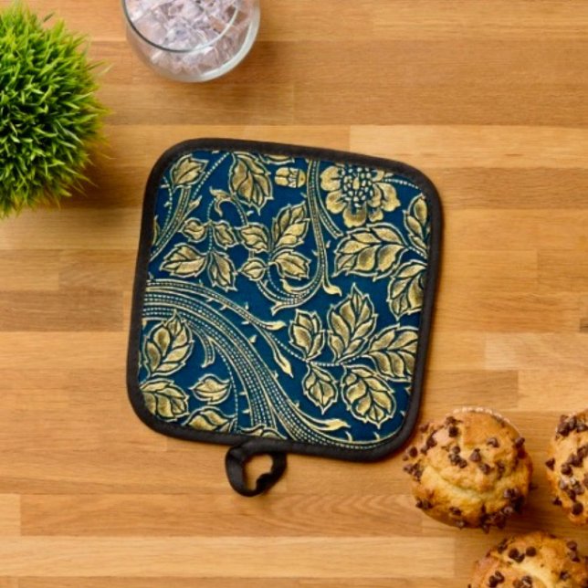 Porta Ollas Elegancia Azul Dorada (Pot Holder Full rubber protection cover no slip silicon hanging loop. )