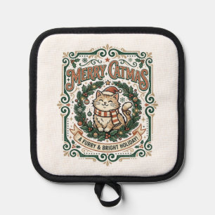 Porta Ollas Feliz Catmas Gato Navidad Vintage Arte Vector Cami