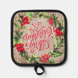 Porta Ollas Feliz Navidad Callgraphy Holly Wreath Red Green