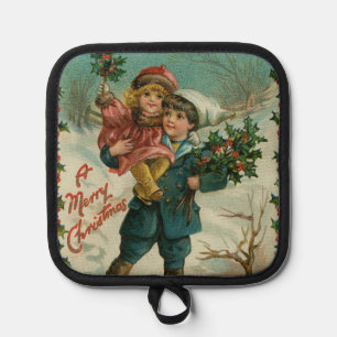 Porta Ollas Feliz Navidad - postal retro, niños, acebo