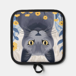 Porta Ollas Flores amarillas de gato azul ruso