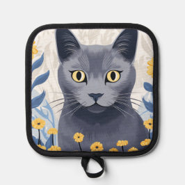 Porta Ollas Flores amarillas de gato azul ruso