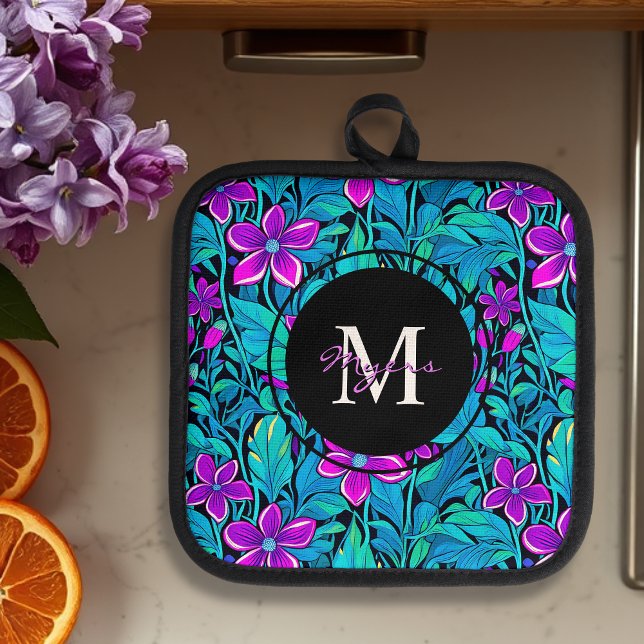 Porta Ollas Flores moradas y Verde azuladas y follaje personal (Subido por el creador)