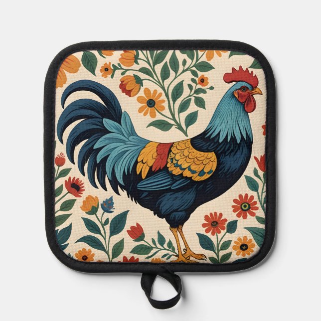 Porta Ollas Folk Art Indigo Rooster (Anverso)