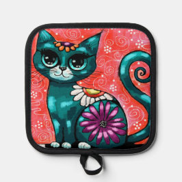 Porta Ollas Gato gatito gigante sentado en una alfombra floral