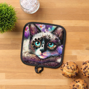 Porta Ollas Gato kitano siamés crocus floral morado blanco Ver