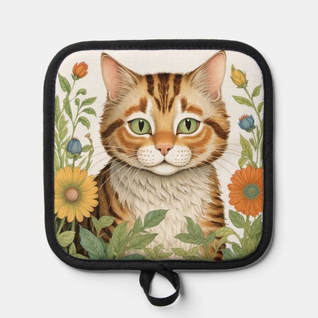 Porta Ollas Gato y flores tabby (Anverso)