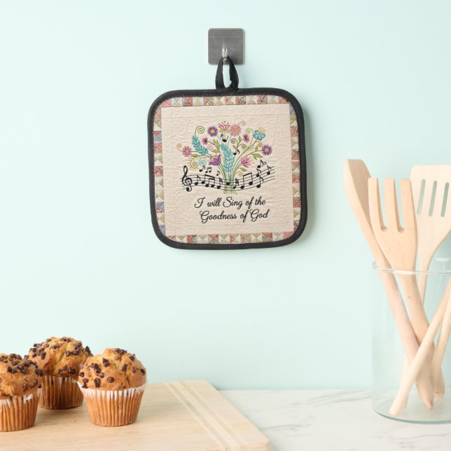 Porta Ollas Goodness of God quilted look floral music (Insitu (colgante))