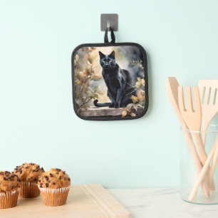 Porta Ollas Hermoso gato negro floral