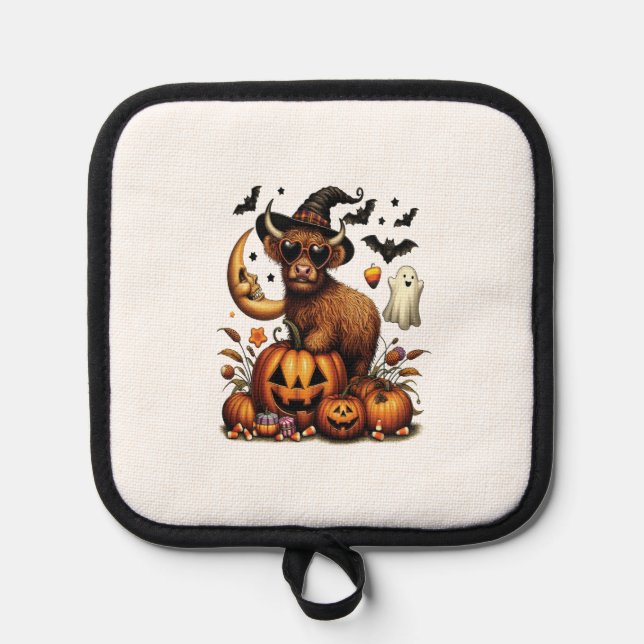 Porta Ollas Highland Cow on Pumpkin Halloween (Anverso)