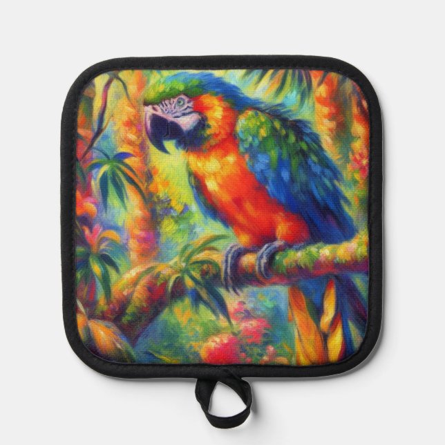 Porta Ollas Impresionante Loro Tropical Pájaro Azul Verde (Anverso)