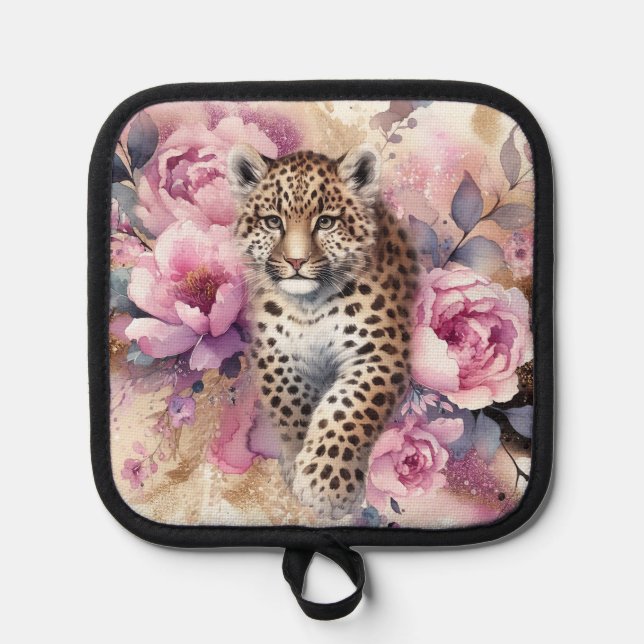 Porta Ollas Leopard Cub y Rosas Cubierta (Anverso)