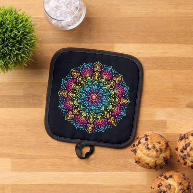 Porta Ollas Mandalas Pintado con Puntos de Arcoíris (De arriba hacia abajo)