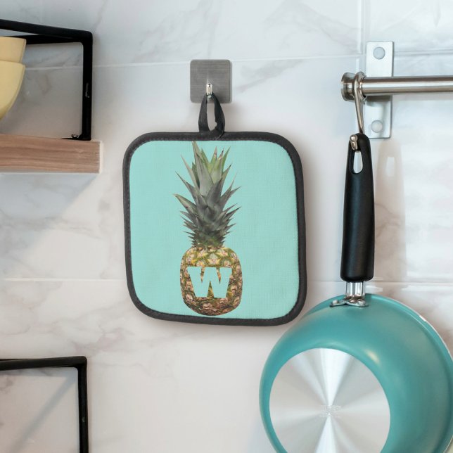 Porta Ollas Monograma de piña tropical (Perfect pineapple pot holder with space for your initial)