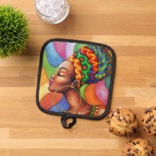 Porta Ollas Mujer africana con tejidos tradicionales de cera