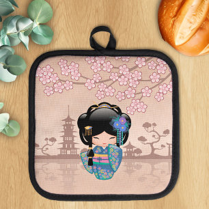 Porta Ollas Muñeca Keiko Kokeshi - Chica de Kimono azul Geisha