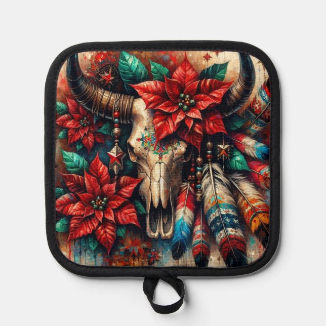 Porta Ollas Navidades Cow Bull Skull Poinsettias Feathers (Anverso)