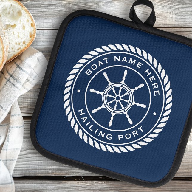 Porta Ollas Nombre de la embarcación y rueda del buque náutico (Boat name and hailing port nautical ship's wheel pot holder)
