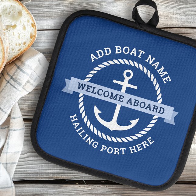 Porta Ollas Nombre del barco fronterizo de la cuerda de anclaj (Anchor rope border boat name welcome aboard pot holder)