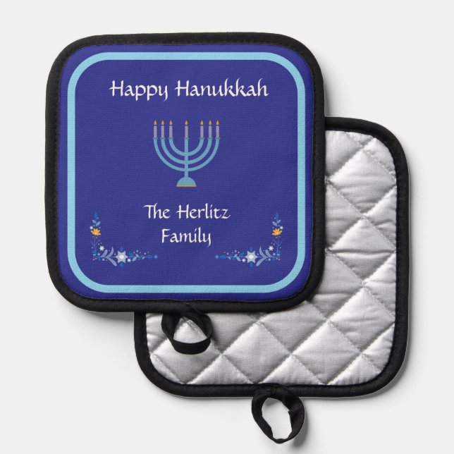 Porta Ollas NOMBRE DEL Personalizar Blue HANUKKAH Menorah (Anverso/Reverso)
