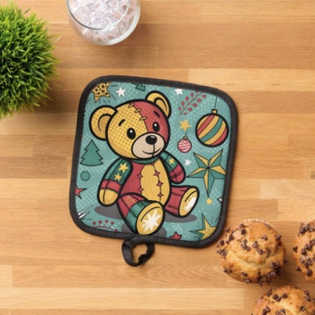 Porta Ollas Oso de peluche navideño caprichoso de patchwork (Pot Holder Full rubber protection cover no slip silicon hanging loop. )