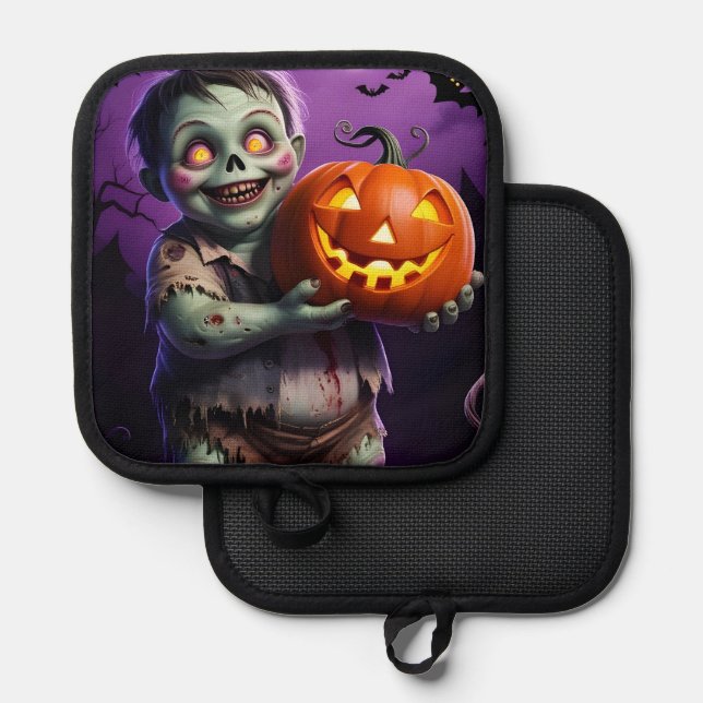 Porta Ollas Pequeño monstruo verde y amigo de calabaza (Anverso/Reverso)