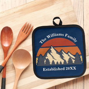 Porta Ollas Personalizado Mountain Sunset Family Home Blue Log