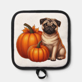 Porta Ollas Pug Adorable sentado al lado de calabazas y hojas