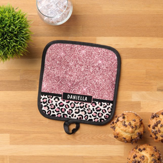 Porta Ollas Purpurina rosa Leopard Print Shimmer personalizado (De arriba hacia abajo)