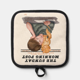 Porta Ollas Revista ilustrada de gato y niño vintage de los añ