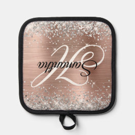 Porta Ollas Rosa Dorado de Purpurina de Plata Monograma Elegan