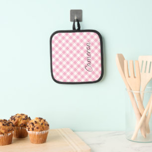 Porta Ollas Titular rosa de la olla de Gingham con nombre pers