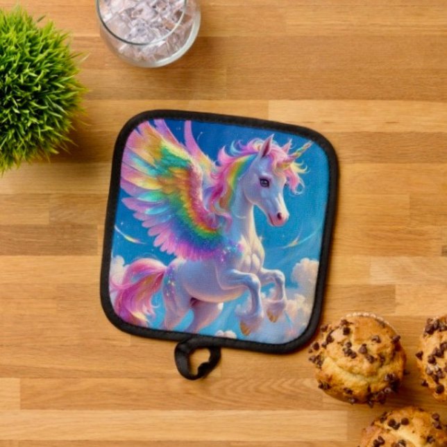 Porta Ollas Unicornio danzante con alas de arcoíris (Pot Holder Full rubber protection cover no slip silicon hanging loop. 
)