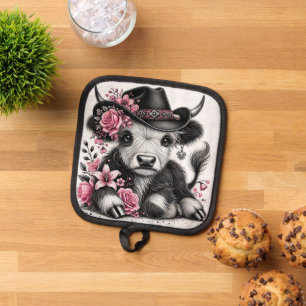 Porta Ollas Vaca Highland Con Gorra Floral