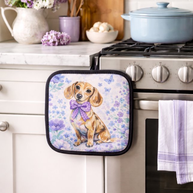 Porta Ollas Watercolor Dachshund Purple Floral  (Watercolor Dachshund Purple Floral Pot Holder)