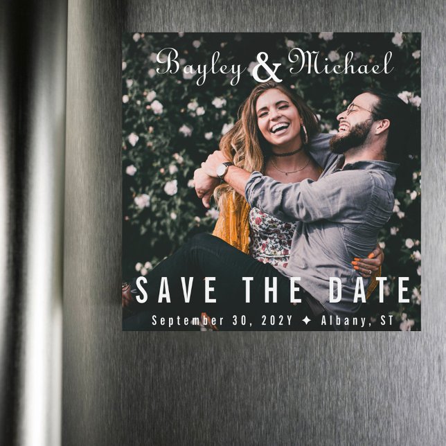 Portada de álbum de vinilo imán de fotos Guardar l (Vinyl record album style photo save the date magnet)
