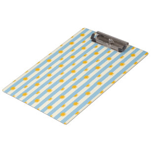 Portapapeles con ráfaga dorada y franja crema azul