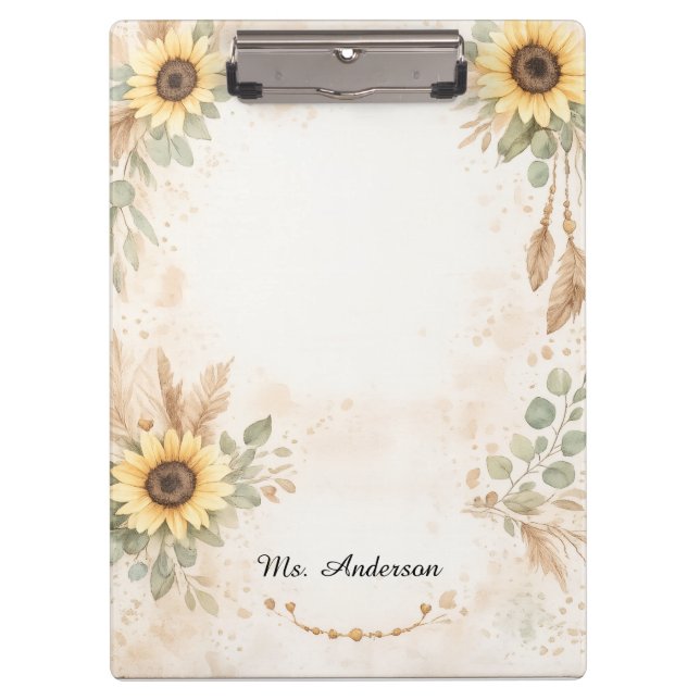 Portapapeles de flores de girasol boho para maestr (Anverso)