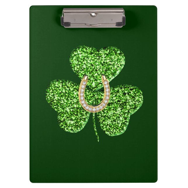 Portapapeles De Shamrock Y Horseshoe purpurina (Anverso)