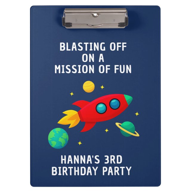 Portapapeles de tema espacial azul marino cumpleañ (Anverso)