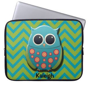 Portátil Búho azul y verde lindo en funda para laptop con C