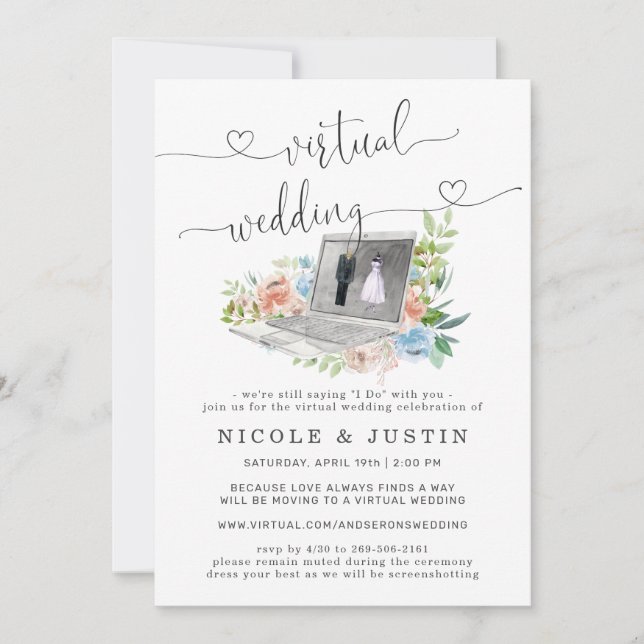 Portátil Floral | Invitación a la boda virtual (Anverso)