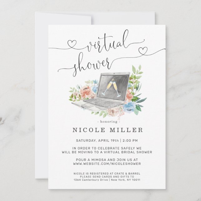 Portátil Floral | Invitación a la ducha de novia v (Anverso)
