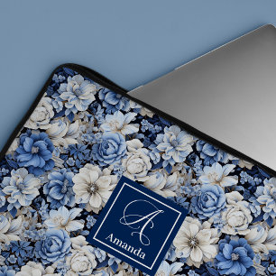 Portátil Funda elegante para laptop con flores azules chic 