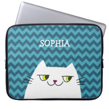 Funda para Laptop de Gato Monograma Azul Chevron L