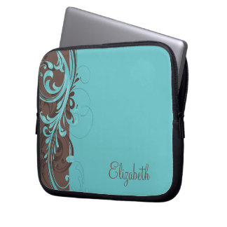 Portátil Funda personalizada Aqua Blue Brown Floral para po