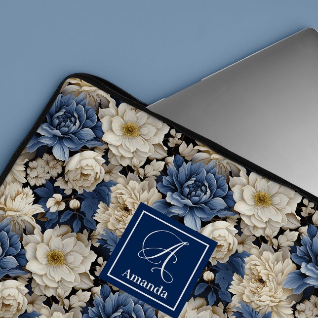 Portátil Hermoso Funda para Laptop de Flores Azules Navales (Beautiful Navy Flowers Blue Floral Laptop Sleeve Case)