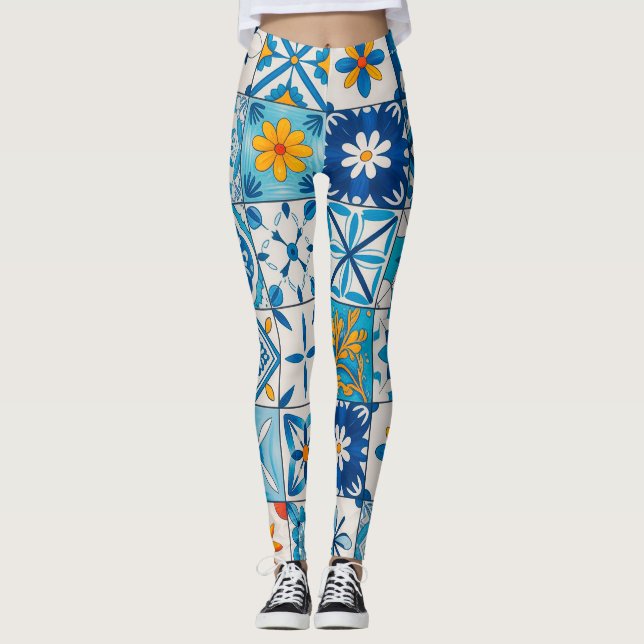 Portuguese Azulejo Tile Leggings – Blue & Yellow M (Anverso)
