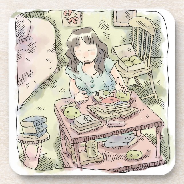 POSAVASOS さないやじ　散らかったお部屋の雑貨の置いてある棚を片付ける女性のイラスト (Frente)